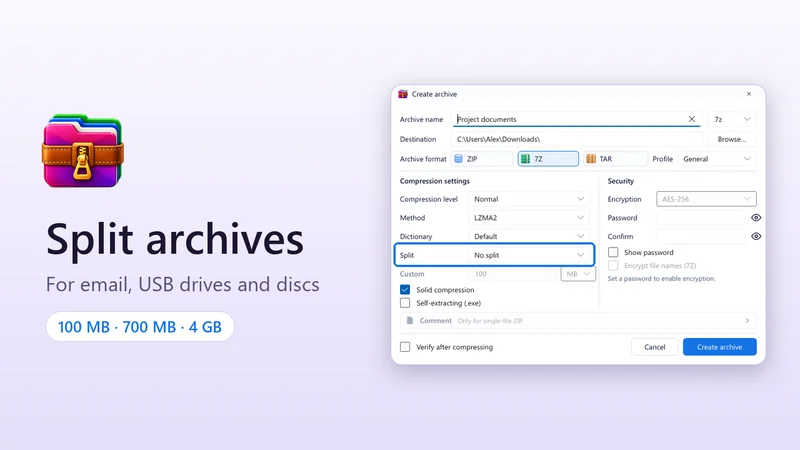 The GenZip icon, the words "Split archives" and the Create archive dialog with the Split option highlighted