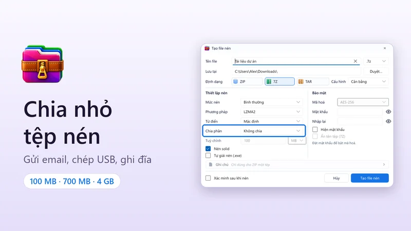 Biểu tượng GenZip, dòng chữ "Chia nhỏ tệp nén" và hộp thoại Tạo file nén với ô Chia phần được khoanh
