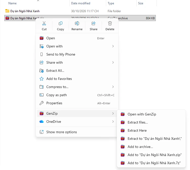 Windows 11 right-click menu on a ZIP file, with the GenZip submenu showing Open with GenZip, Extract files, Extract Here, Extract to and Add to archive