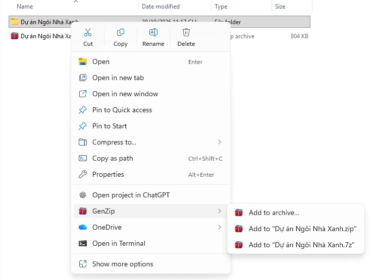 Windows 11 right-click menu on a folder, with the GenZip submenu showing Add to archive, Add to .zip and Add to .7z