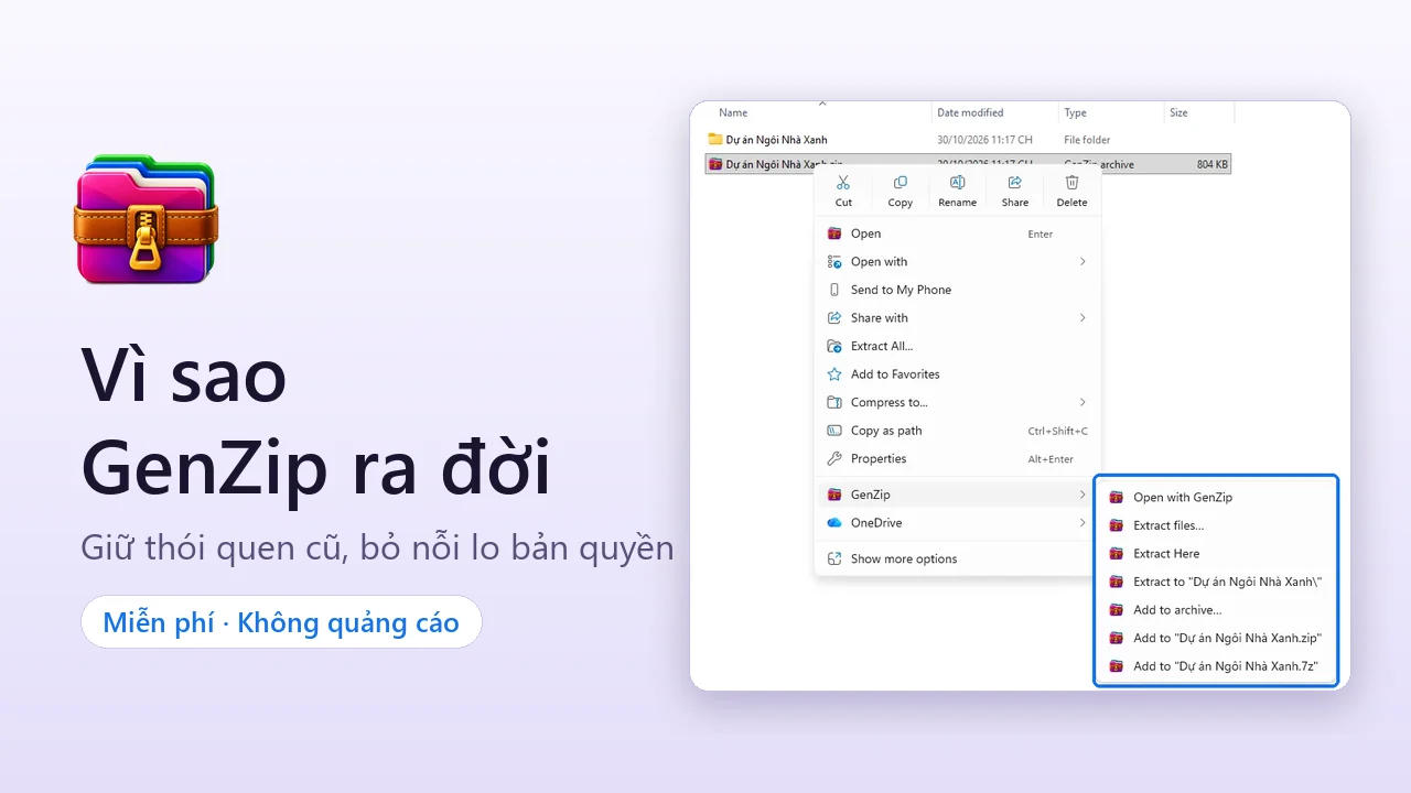 Biểu tượng GenZip, dòng chữ "Vì sao GenZip ra đời" và menu chuột phải Windows 11 đang mở mục GenZip