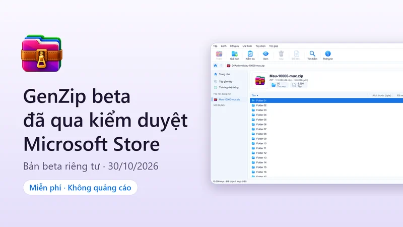 Biểu tượng GenZip, dòng chữ "GenZip beta đã qua kiểm duyệt Microsoft Store" và ảnh chụp cửa sổ GenZip đang mở một tệp ZIP