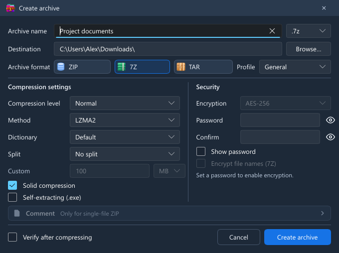 GenZip’s create archive dialog with compression and encryption settings