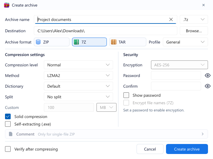 GenZip’s create archive dialog with compression and encryption settings