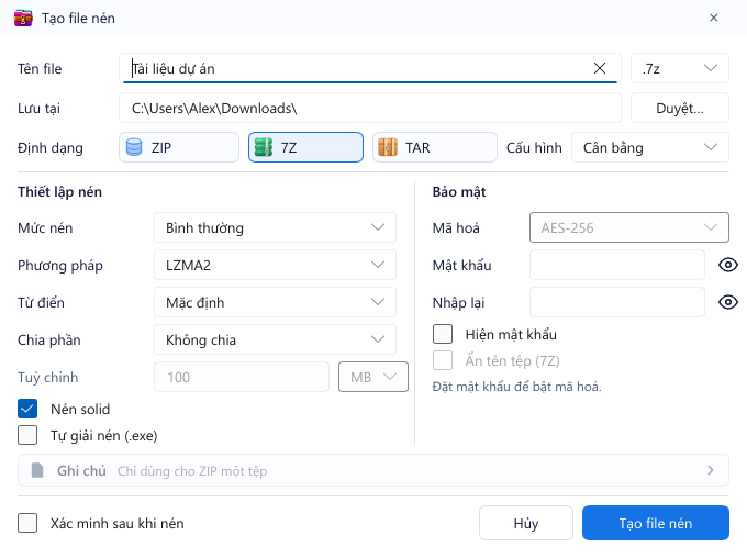 Hộp thoại tạo tệp nén của GenZip với thiết lập nén và mã hoá