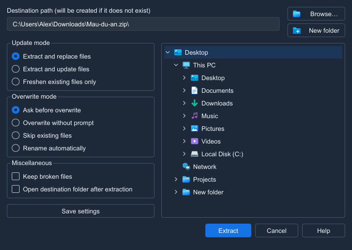 Extract dialog with destination, update mode and overwrite mode