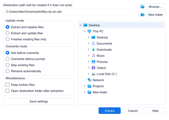 Extract dialog with destination, update mode and overwrite mode