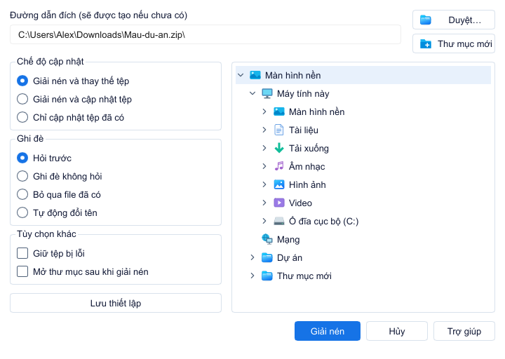 Hộp thoại giải nén GenZip với cây thư mục đích, chế độ cập nhật và chế độ ghi đè
