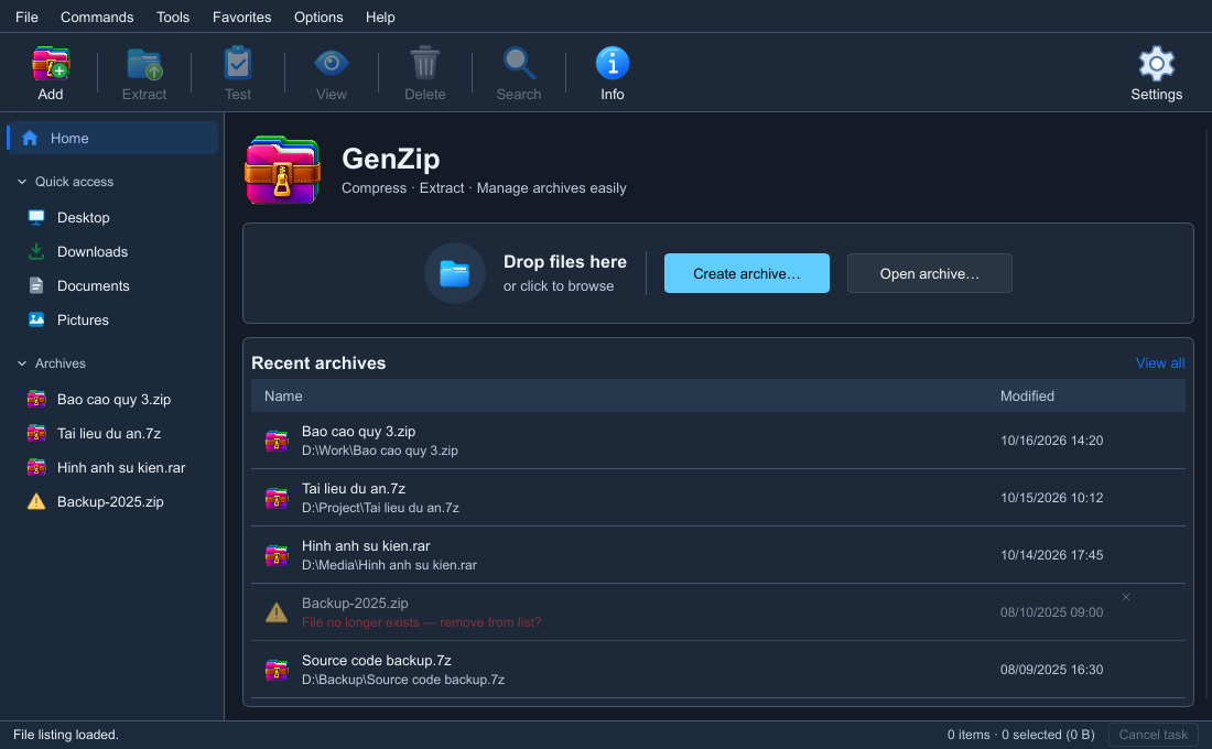 GenZip Home screen with options to open and create an archive