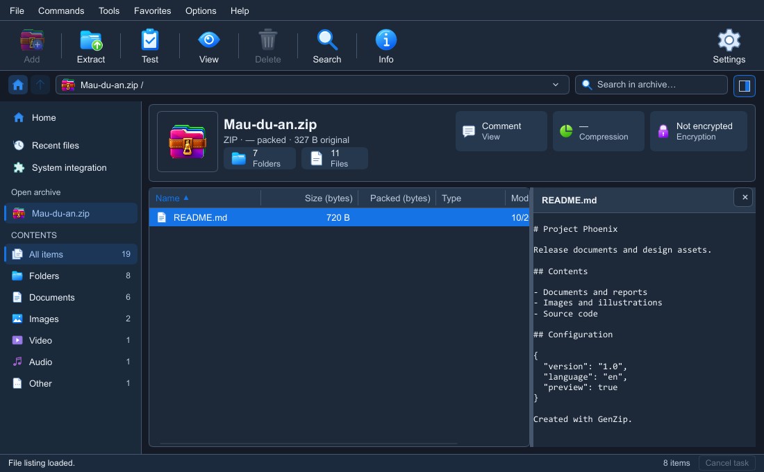 GenZip browsing the contents of an archive