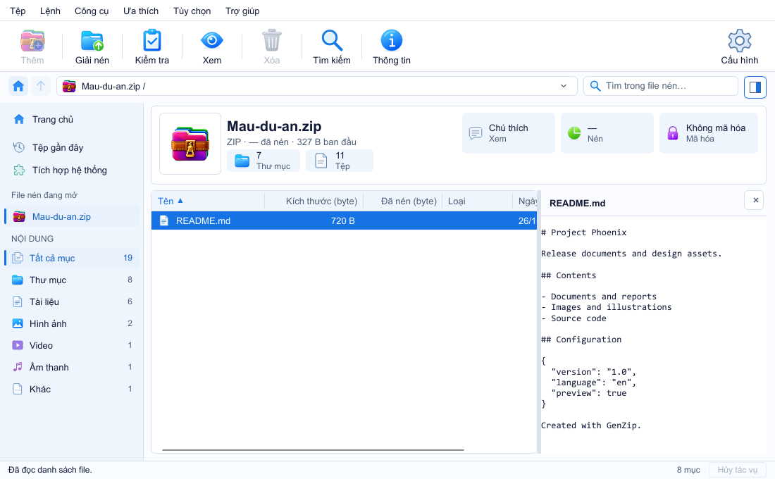 GenZip đang duyệt nội dung một tệp nén