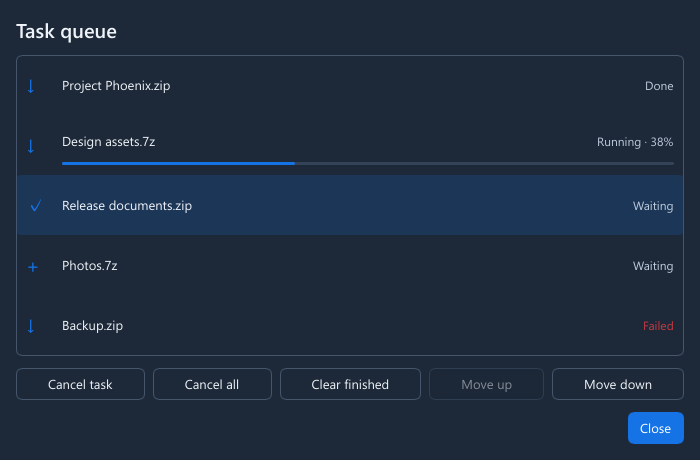 GenZip task queue window for tracking and reordering operations