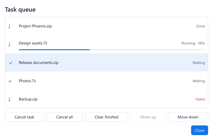 GenZip task queue window for tracking and reordering operations