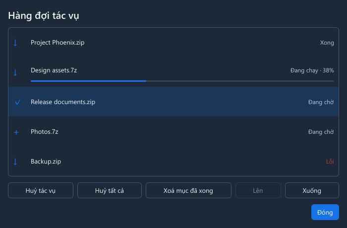 Cửa sổ hàng đợi tác vụ GenZip để theo dõi và sắp xếp các công việc