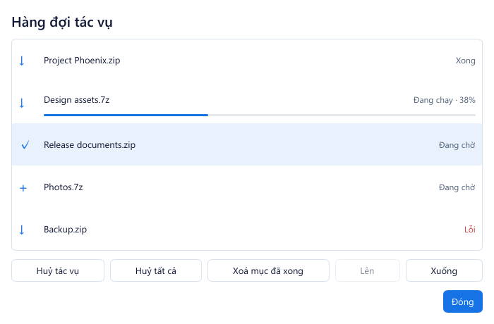 Cửa sổ hàng đợi tác vụ GenZip để theo dõi và sắp xếp các công việc