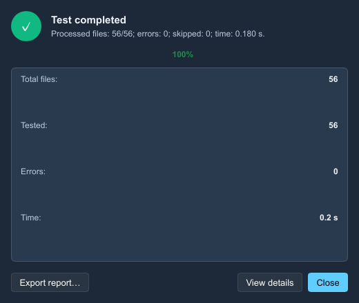GenZip archive integrity test results with statistics and report export