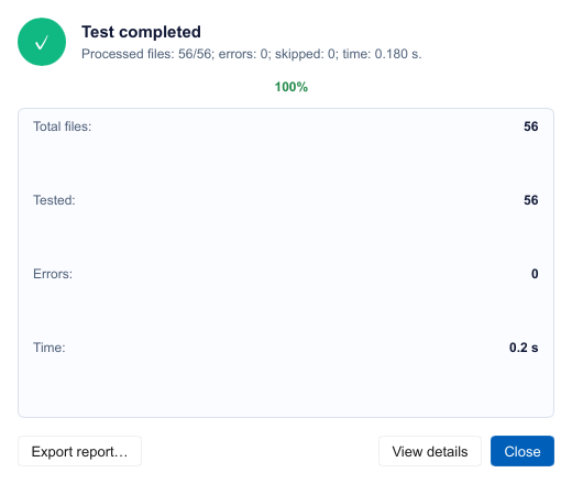 GenZip archive integrity test results with statistics and report export