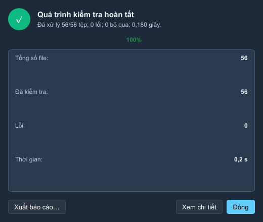 Kết quả kiểm tra toàn vẹn tệp nén trong GenZip với số liệu và tuỳ chọn xuất báo cáo